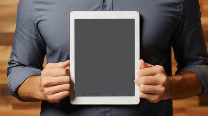 A businessman holds a mockup. iPad digital tablet with blank screen Mockup replaces your design mockup in the office. Copy space for text.