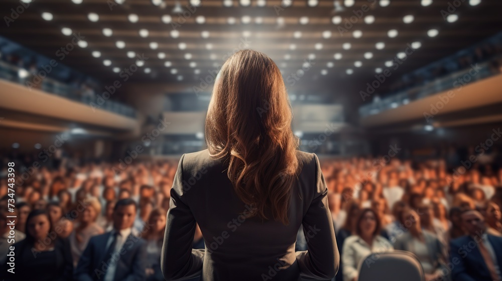 Beautiful business woman is speaking to a large audience in the hall ...