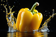 Sweet Ripe Yellow Pepper Falls Into The Water, Water Splashes.