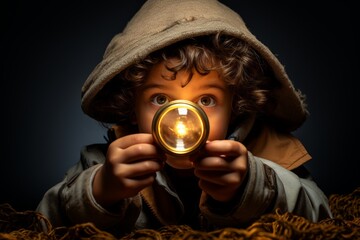 Wall Mural - Generative AI image of Playful young explorer with a magnifying glass, illuminated by studio lights, on a solid background