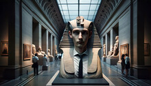Surreal Artwork Blending A Human Face With An Ancient Egyptian Sphinx Statue In A Museum Gallery, Surrounded By Classical Sculptures And Framed Paintings.Digital Art Concept. AI Generated.