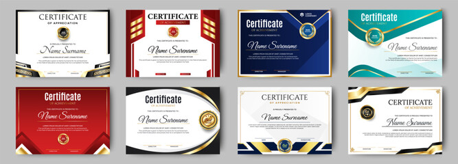 certificates of completion template with luxury badge and modern line and shapes. horizontal certifi