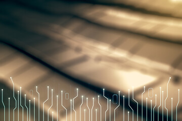 Aufkleber - Abstract virtual micro circuit sketch on shiny metal background, future technology and AI concept. Double exposure