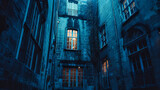 Fototapeta Uliczki - Vintage night street, old European architecture illuminated by street lamps, a sense of history and mystery
