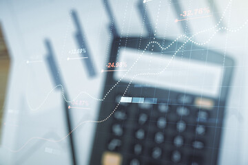Poster - Multi exposure of abstract statistics data hologram interface on calculator and papers background, computing and analytics concept
