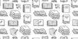 Books seamless pattern with doodle illustration. Literature education, library literature, open novel, dictionary, notes with pen, textbook line background hand drawn elements
