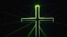 Cross On Plain Black Background With Lime Green Light Flares From Generative AI