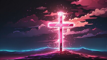 Wall Mural - Cross on plain black background with pink light flare from Generative AI