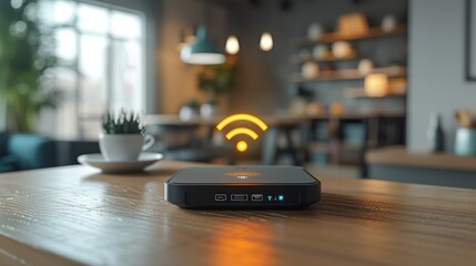 A WiFi router emitting signals against the backdrop of a room