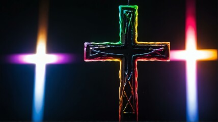 Wall Mural - Cross on plain black background with rainbow colored light flares from Generative AI