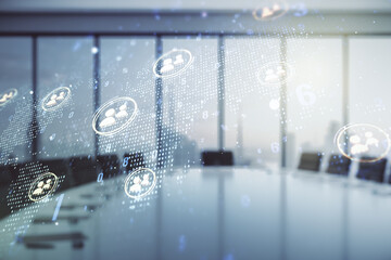 Aufkleber - Double exposure of social network icons hologram and world map on a modern meeting room background. Marketing and promotion concept