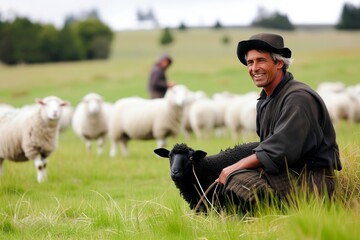 Sticker - farmer with black sheep, white flock in background