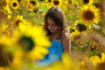 Canvas Print - girl in blue dress surrounded by yellow sunflowers