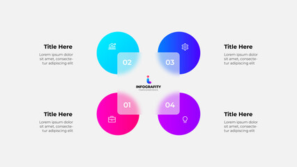 Wall Mural - Cycle scheme with four circles and glassmorphism square. Concept of business process with 4 steps. Infographic design template