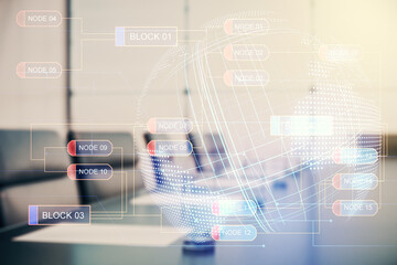 Poster - Multi exposure of abstract programming language hologram and world map on a modern furnished office interior background, artificial intelligence and neural networks concept