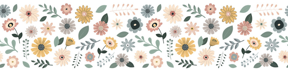 Spring flowers and leaves seamless border pattern in pastel scandinavian palette. Isolated on white background. Minimalistic abstract floral pattern. Design for textile, wallpaper