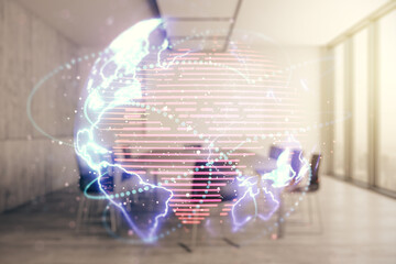 Poster - Double exposure of abstract digital world map hologram with connections on a modern boardroom background, big data and blockchain concept