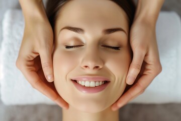 Canvas Print - smiling woman receiving a gentle facial massage from a therapists hands