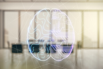 Poster - Double exposure of creative artificial Intelligence interface on a modern meeting room background. Neural networks and machine learning concept