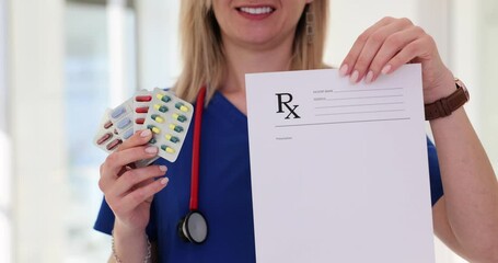 Poster - Female family therapist holds stack of pills and prescription