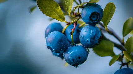 Poster - Vibrant blueberries on a branch against a soft blue background. freshness in nature captured. ideal for food and health themes. AI