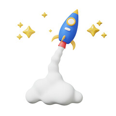 Poster - Trader leadership financial business investment start-up concept. spaceship rocket spewing smoke fly floating on isolated background. future success innovation. 3d render