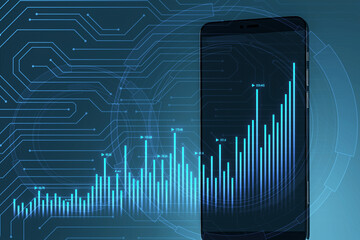Poster - Close up of smartphone with glowing and growing business chart on blurry blue background. Financial growth, trade and stock concept. 3D Rendering.