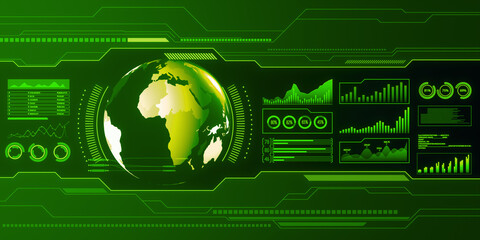 Aufkleber - Creative holographic screen with digital globe interface and business chart on blurry green backdrop. HUD, international stock and future monitor concept. 3D Rendering.