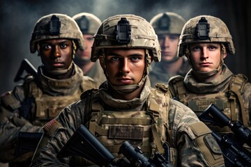 Group of us army soldiers, soldiers with weapon pose for photo, men in modern uniform. Portrait of group of military, Ai generated