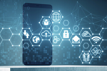 Wall Mural - Close up of smartphone with creative digital hexagonal pattern with various business icons on blurry polygonal background. Digital dashboard and data concept. 3D Rendering.