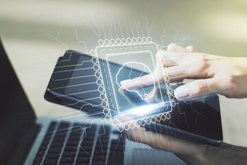 Poster - Creative artificial Intelligence concept with human brain hologram and finger clicks on a digital tablet on background. Multiexposure