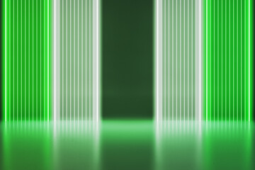 Wall Mural - Bright colorful green glass interior illumination and reflections. Neon lights podium. 3D Rendering.