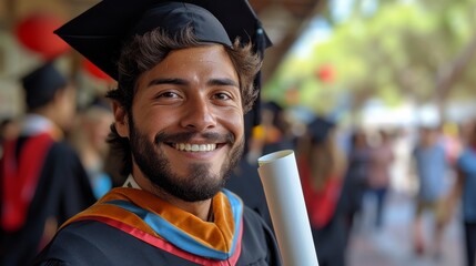 A smiling graduate in cap and gown holding a diploma, with a blurred ceremonial background
