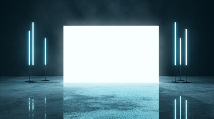 Leinwandbilder - Blank glowing display against dark backdrop with blue lights and reflection. Presentation concept. 3D Rendering