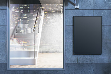Poster - Modern nighttime glass storefront in concrete tile building with empty black mock up banner and tree shadows. 3D Rendering.