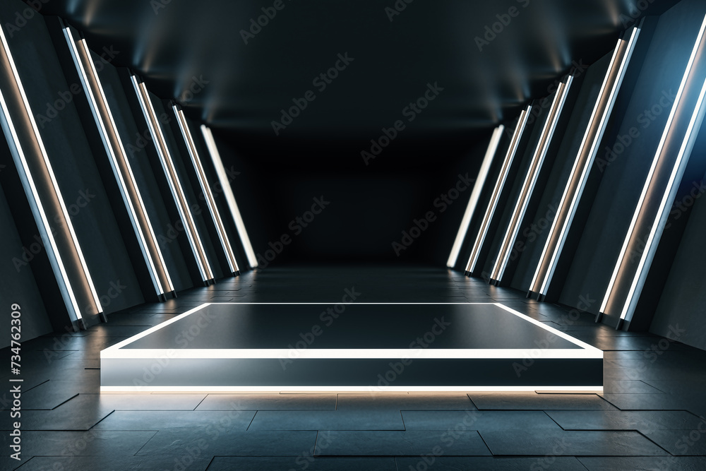 Modern spacious dark tunnel interior with pedestal and mock up place ...