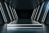 Fototapeta Przestrzenne - Modern spacious dark tunnel interior with pedestal and mock up place. 3D Rendering.