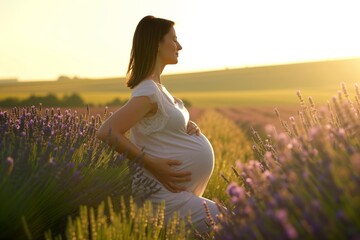 Canvas Print - woman in a field of lavender, peaceful posture, backlit