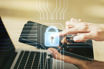 Poster - Creative idea concept with lock symbol and microcircuit illustration and with finger clicks on a digital tablet on background. Protection and firewall concept. Multiexposure
