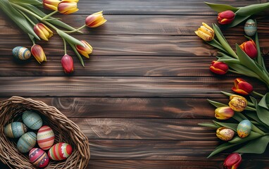 Wall Mural - Ester holiday background with easter eggs and tulips on wooden background