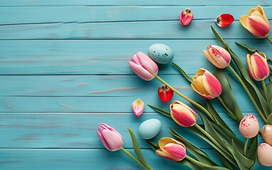 Wall Mural - Ester holiday background with easter eggs and tulips on wooden background