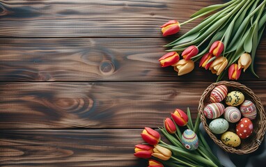 Wall Mural - Ester holiday background with easter eggs and tulips on wooden background