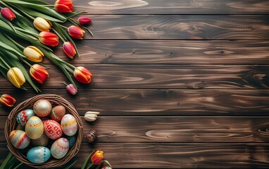 Wall Mural - Ester holiday background with easter eggs and tulips on wooden background