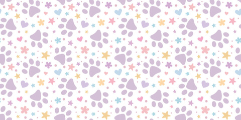 Leinwandbilder - Cute paw vector pattern for pets with hearts and stars, adorable pastel background for cats or dogs