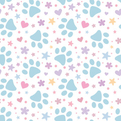 Poster - Adorable colorful paw print pattern for pets, vector background with stars and hearts
