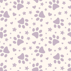 Wall Mural - Purple paw seamless vector pattern with hearts and stars, adorable background for pets, repeating tile