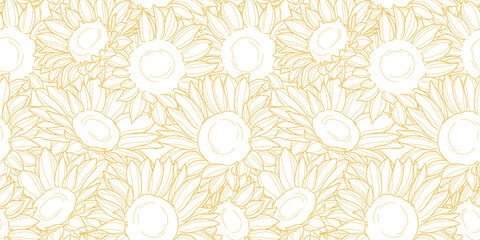 Wall Mural - Sunflower vector pattern, seamless line art illustration repeating background design