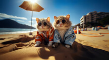 Two Adorable Cats Wearing Sunglasses And Jackets, Posing On A Sunny Beach With Sand, A Beach Umbrella, And A Clear Blue Sky In The Background.Vacation Concept. AI Generated.