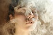 female face amidst aromatic steam, eyes closed, relaxed expression