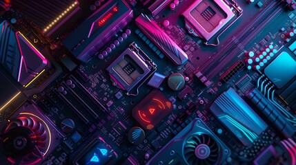 Poster - Futuristic computer hardware close-up. vibrant neon colors illuminate advanced technology details. perfect for tech enthusiasts and designers. AI
